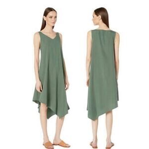 EILEEN FISHER Asymmetrical Shift DRESS XS Tencel Nori Green Boho Quiet Luxury